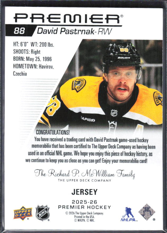 2025-26 Upper Deck Premier David Pastrnak #88 Jersey – baksida