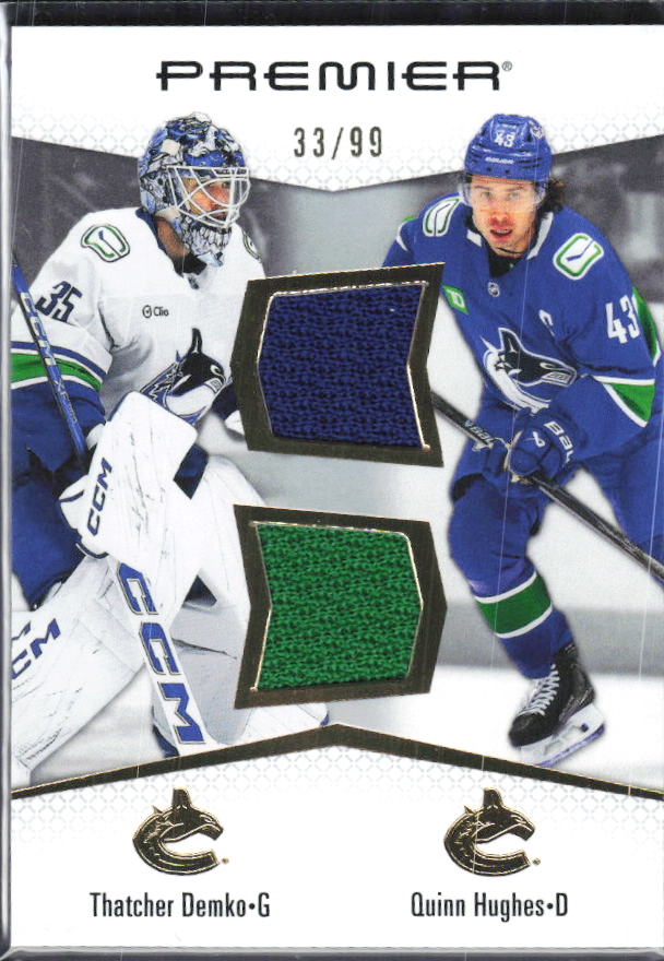 2025-26 Upper Deck Premier Quinn Hughes / Thatcher Demko #PD-HD Premier Dual Jerseys 33/99 – framsida