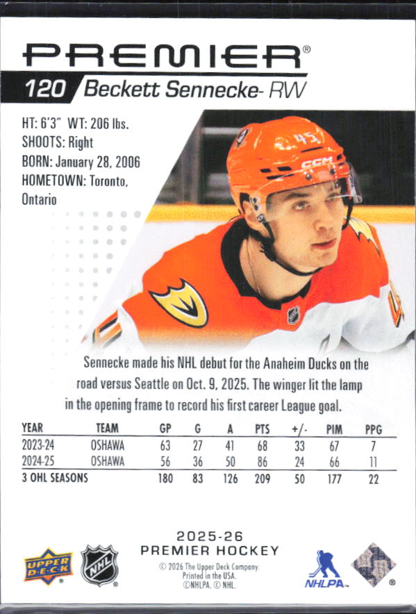 2025-26 Upper Deck Premier Beckett Sennecke #120 Rookie 164/399 – baksida