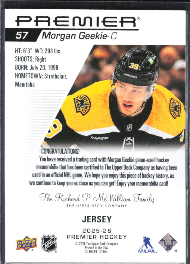 2025-26 Upper Deck Premier Morgan Geekie #57 Jersey – baksida