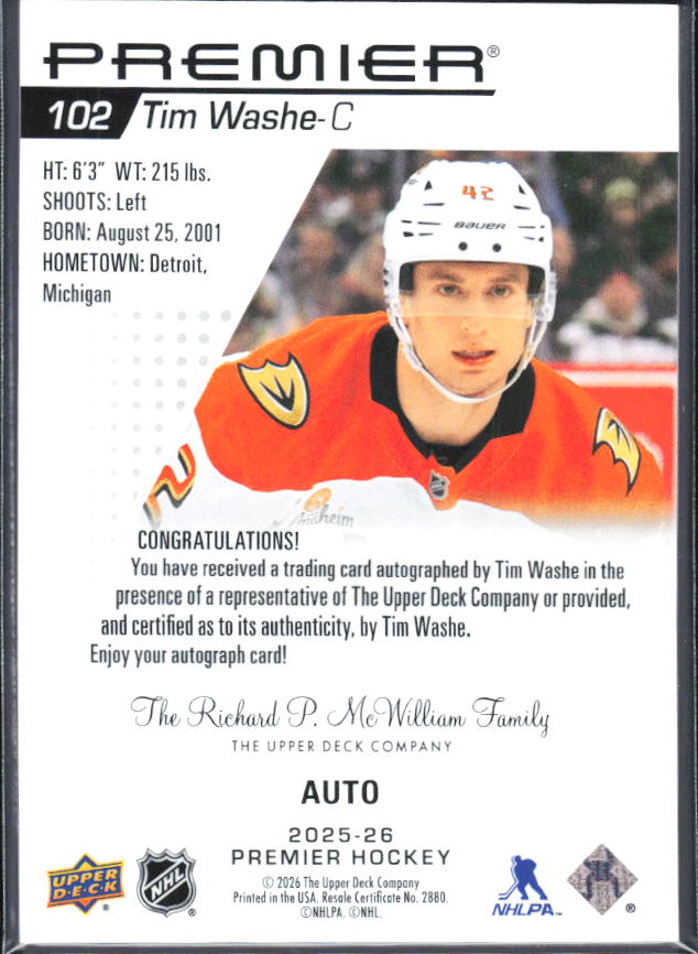 2025-26 Upper Deck Premier Tim Washe #102 Rookie Auto – baksida
