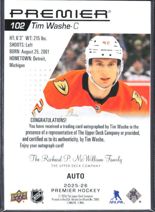 2025-26 Upper Deck Premier Tim Washe #102 Rookie Auto – baksida