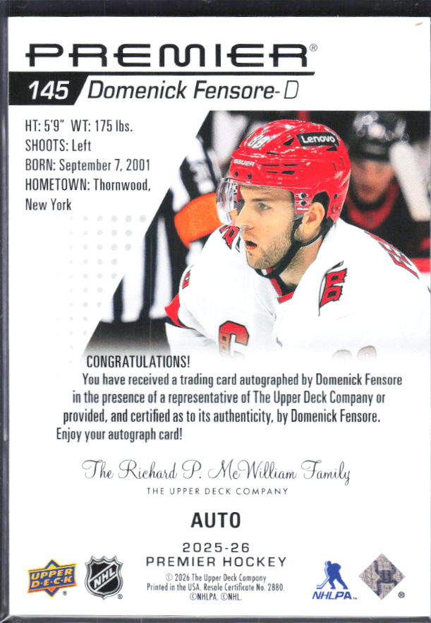 2025-26 Upper Deck Premier Domenick Fensore #145 Rookie Auto – baksida