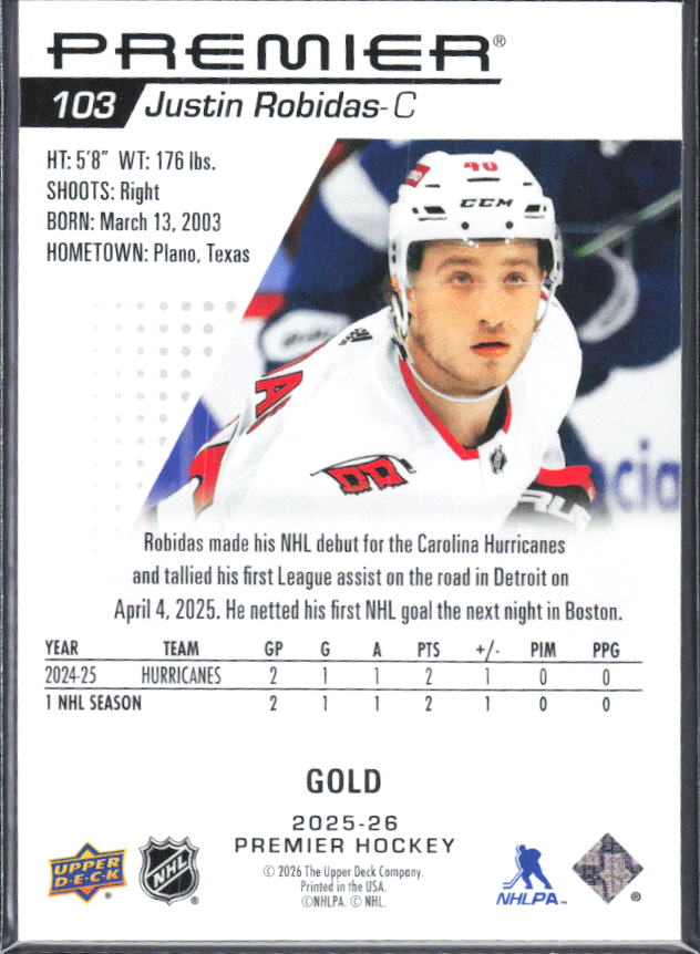 2025-26 Upper Deck Premier Justin Robidas #103 Rookie Gold 122/199 – baksida