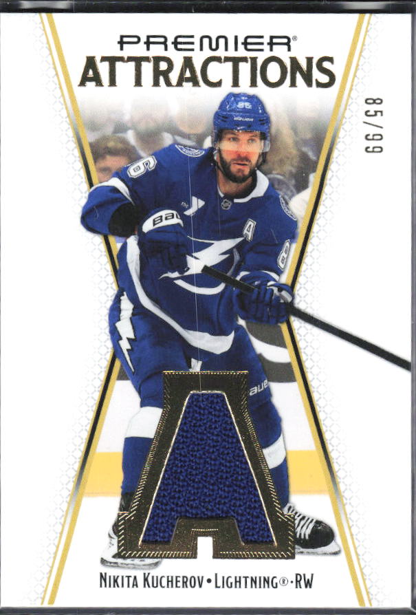 2025-26 Upper Deck Premier Nikita Kucherov #PA-NK Premier Attractions Jersey 85/99 – framsida