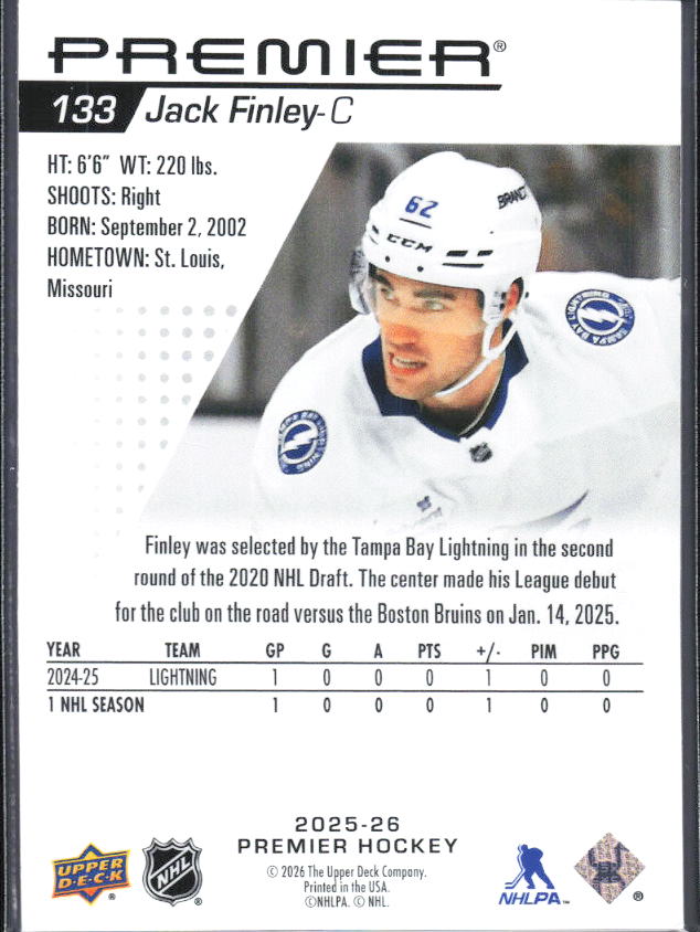 2025-26 Upper Deck Premier Jack Finley #133 Rookie 030/399 – baksida