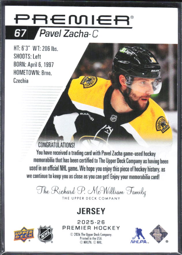 2025-26 Upper Deck Premier Pavel Zacha #67 Jersey – baksida