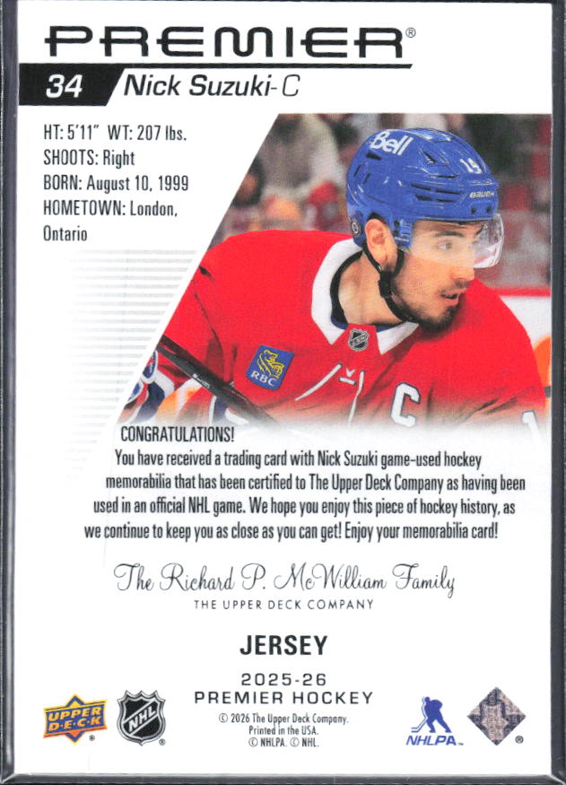 2025-26 Upper Deck Premier Nick Suzuki #34 Jersey – baksida