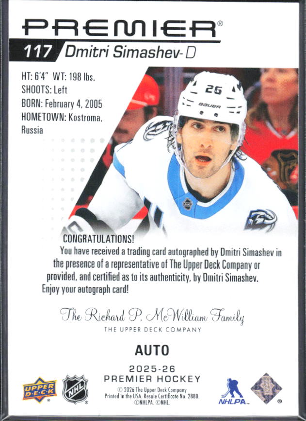2025-26 Upper Deck Premier Dmitri Simashev #117 Rookie Auto – baksida