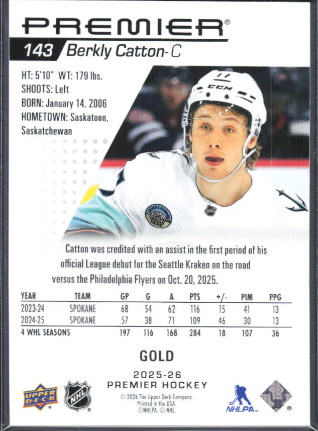 2025-26 Upper Deck Premier Berkly Catton #143 Rookie Gold 051/199 – baksida