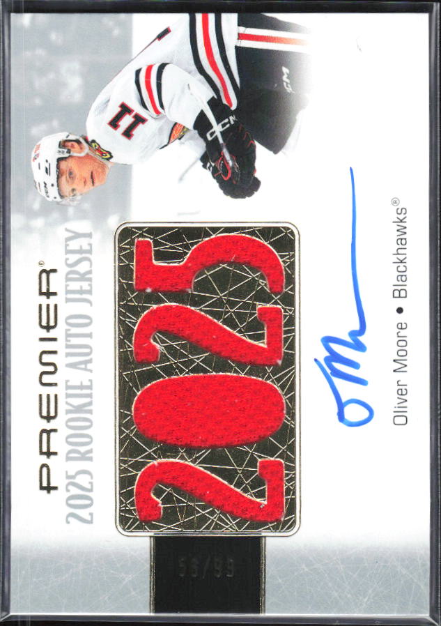 2025-26 Upper Deck Premier Oliver Moore #PRA-OM Premier Rookie Auto Jersey /99 – framsida
