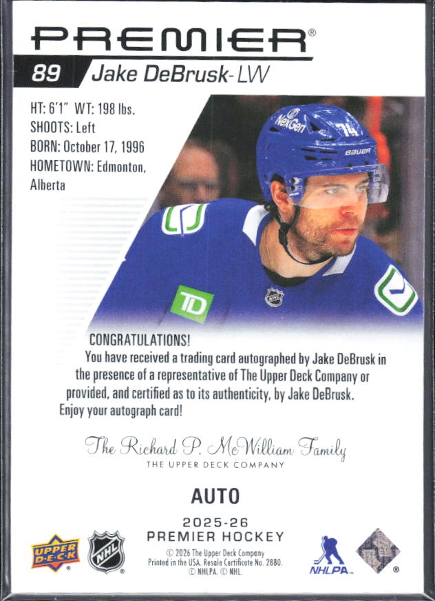 2025-26 Upper Deck Premier Jake DeBrusk #89 Auto – baksida