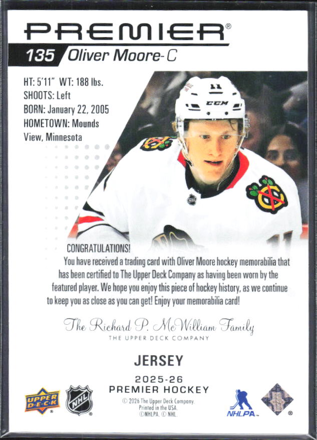 2025-26 Upper Deck Premier Oliver Moore #135 Rookie Jersey – baksida