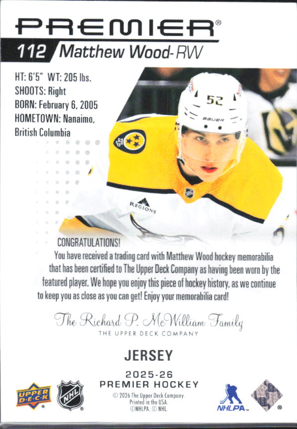 2025-26 Upper Deck Premier Matthew Wood #112 Rookie Jersey – baksida