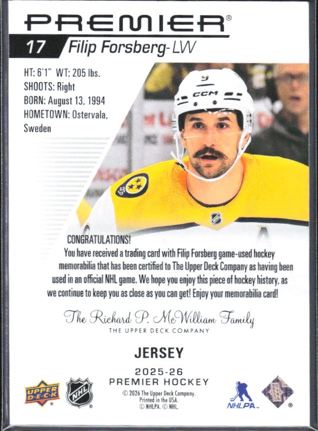 2025-26 Upper Deck Premier Filip Forsberg #17 Jersey – baksida