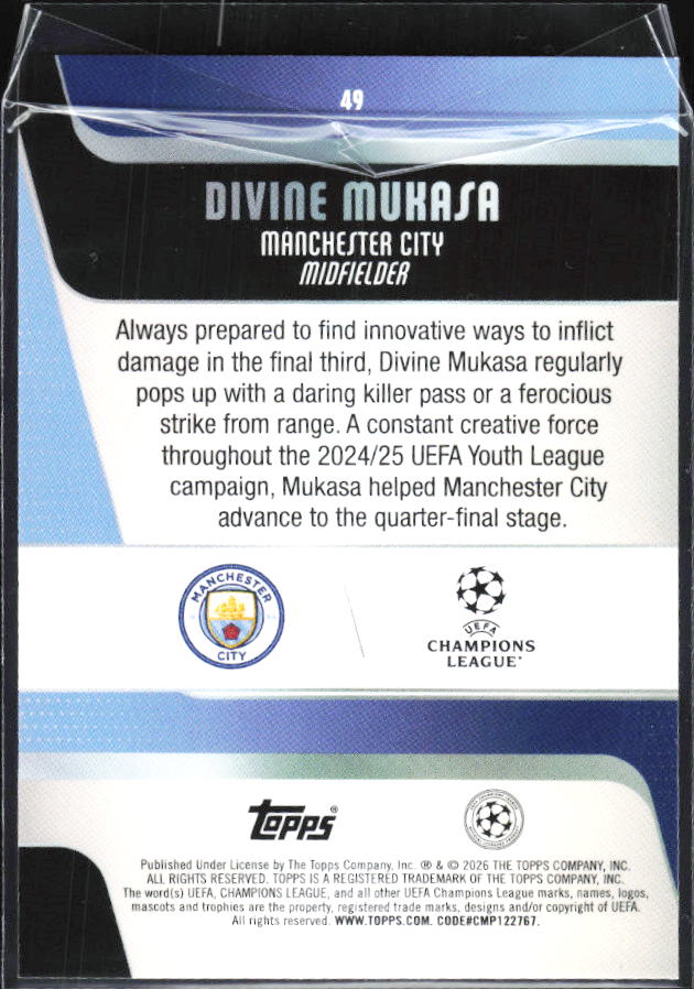 2025-26 Topps UEFA Club Competitions #49 Divine Mukasa – baksida