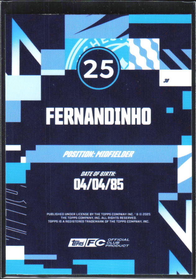 2024-25 Topps Manchester City Team Set #30 Fernandinho – baksida