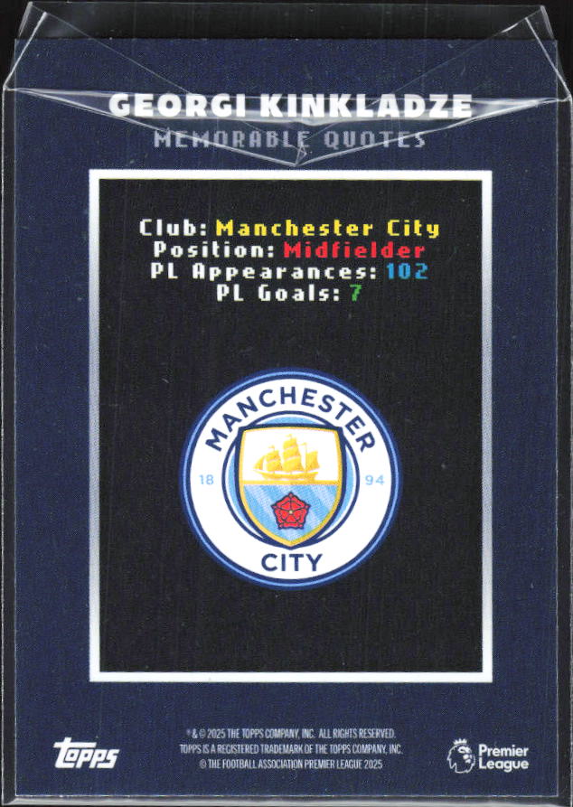 Topps Premier League Decades Georgi Kinkladze Memorable Quotes – baksida