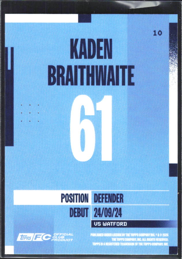 2024-25 Topps Manchester City Team Set #10 Kaden Braithwaite – baksida