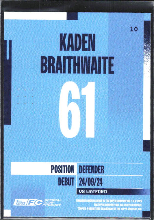 2024-25 Topps Manchester City Team Set #10 Kaden Braithwaite – baksida