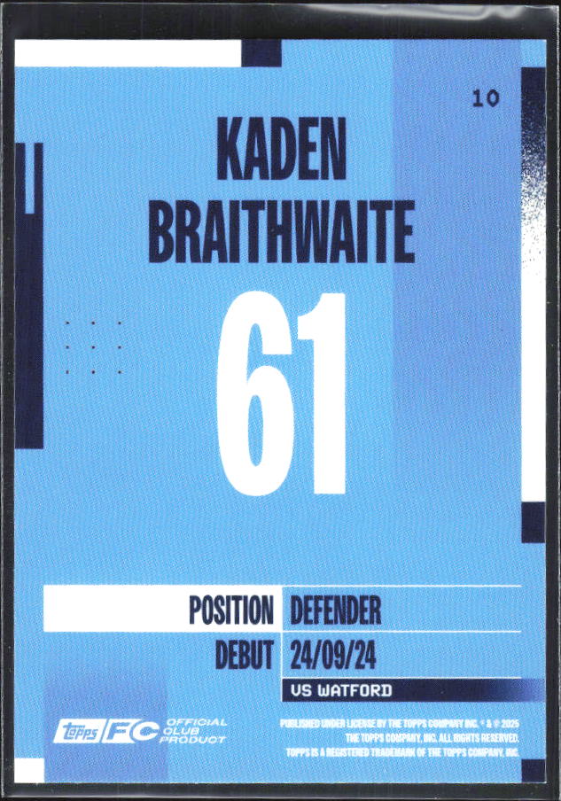 2024-25 Topps Manchester City Team Set #10 Kaden Braithwaite – baksida