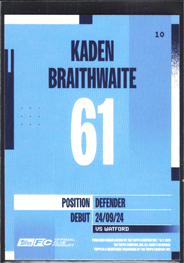2024-25 Topps Manchester City Team Set #10 Kaden Braithwaite – baksida