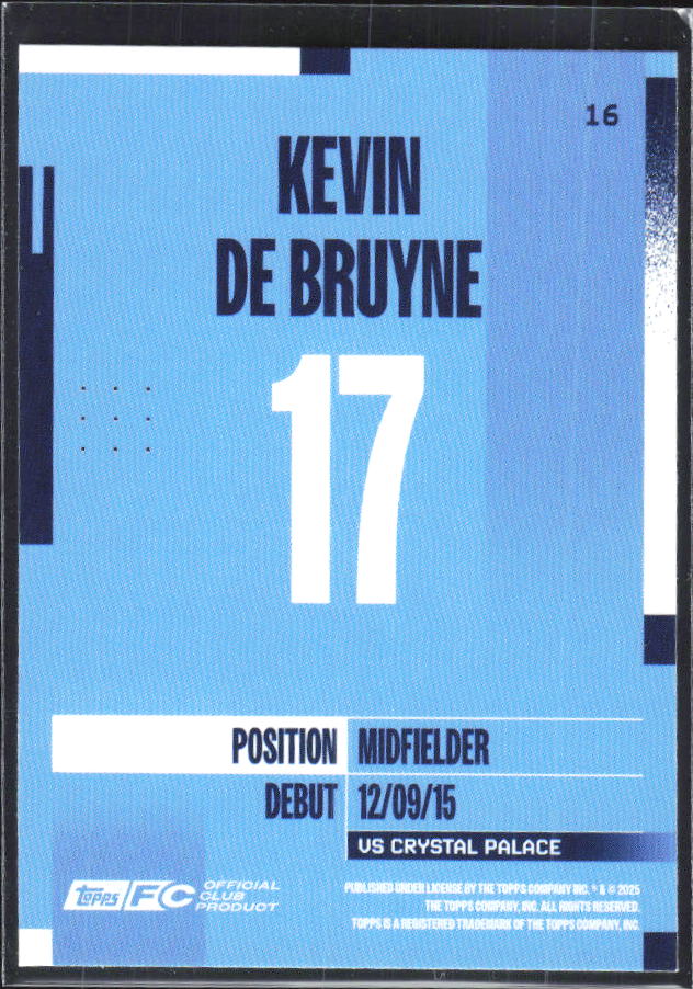 2024-25 Topps Manchester City Team Set #16 Kevin De Bruyne – baksida