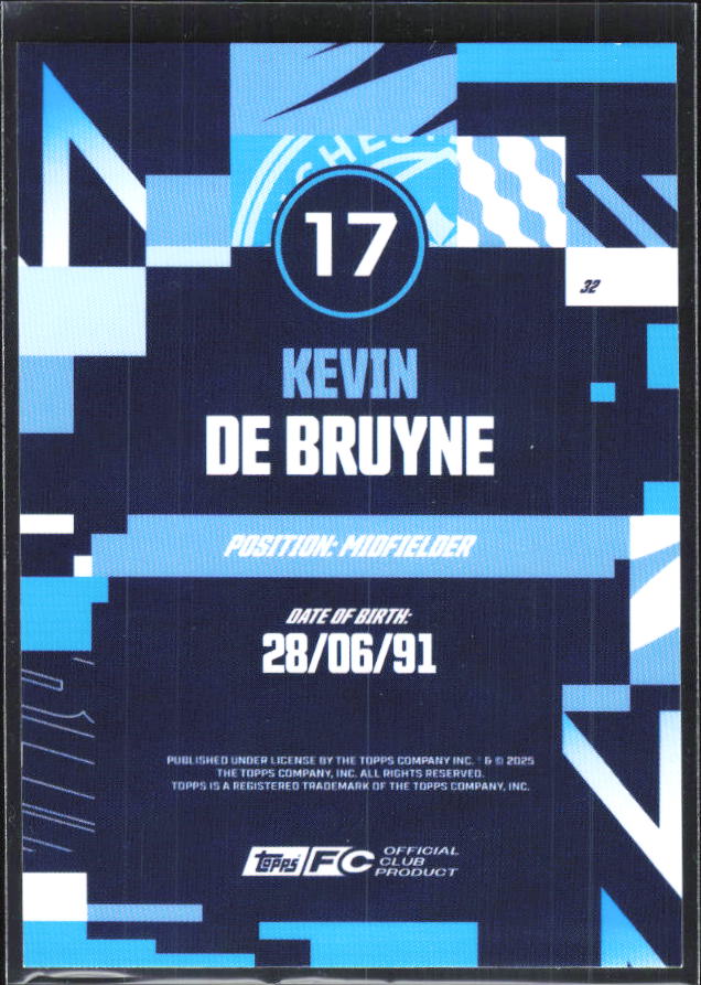 2024-25 Topps Manchester City Team Set #32 Kevin De Bruyne – baksida