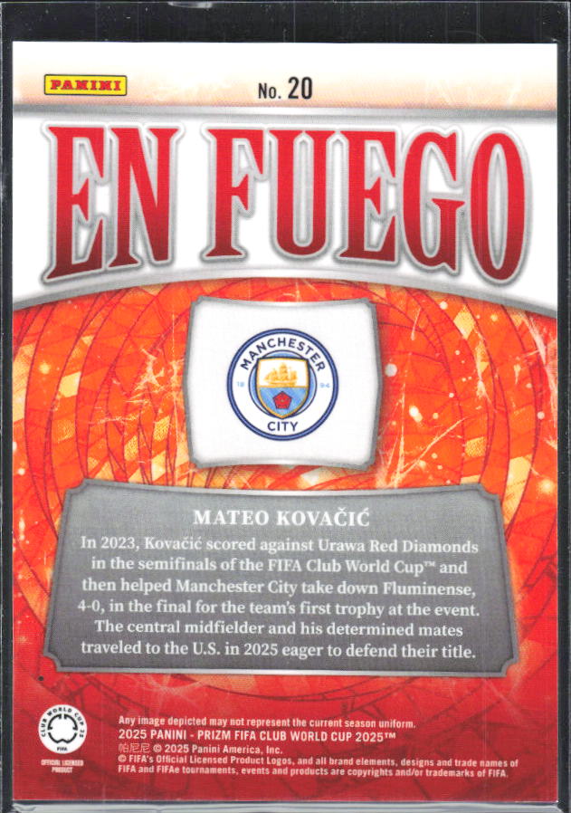 2025 Panini Prizm FIFA Club World Cup #20 Mateo Kovacic En Fuego – baksida