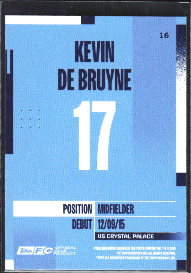 2024-25 Topps Manchester City Team Set #16 Kevin De Bruyne – baksida