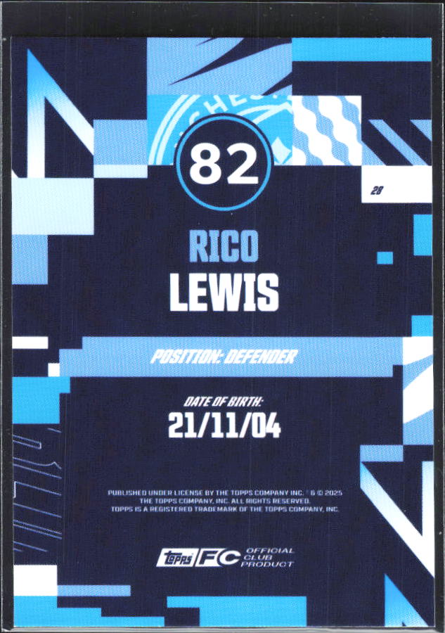 2024-25 Topps Manchester City Team Set #28 Rico Lewis – baksida