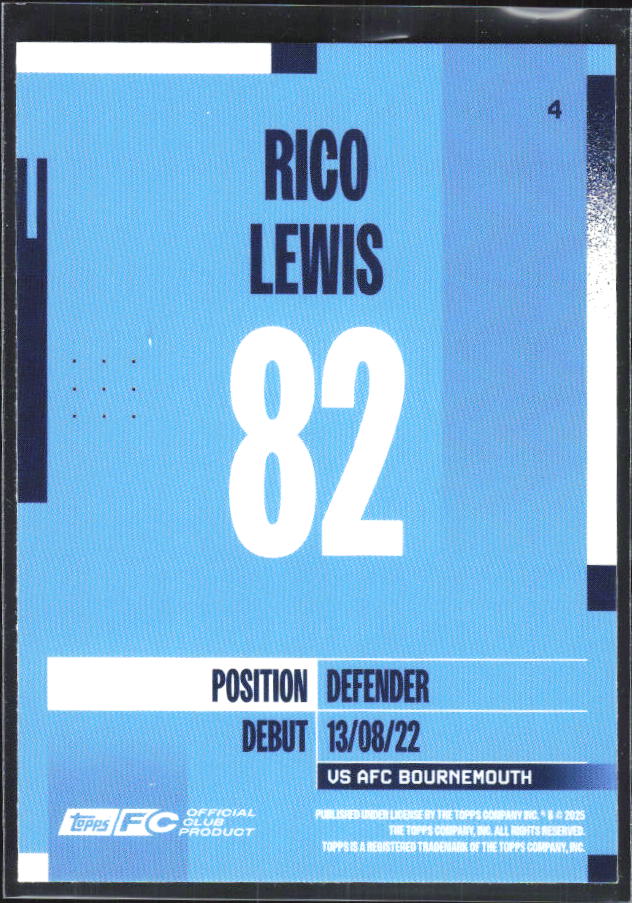 2024-25 Topps Manchester City Team Set #4 Rico Lewis – baksida