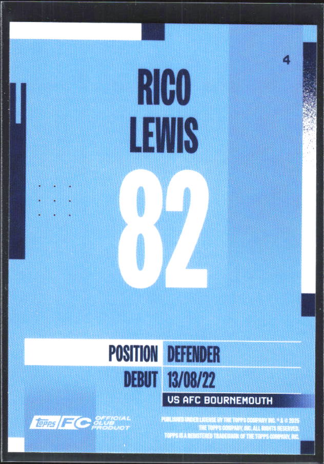 2024-25 Topps Manchester City Team Set #4 Rico Lewis – baksida