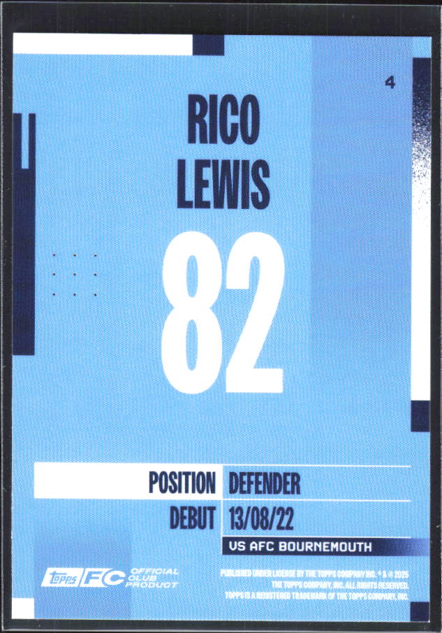 2024-25 Topps Manchester City Team Set #4 Rico Lewis – baksida