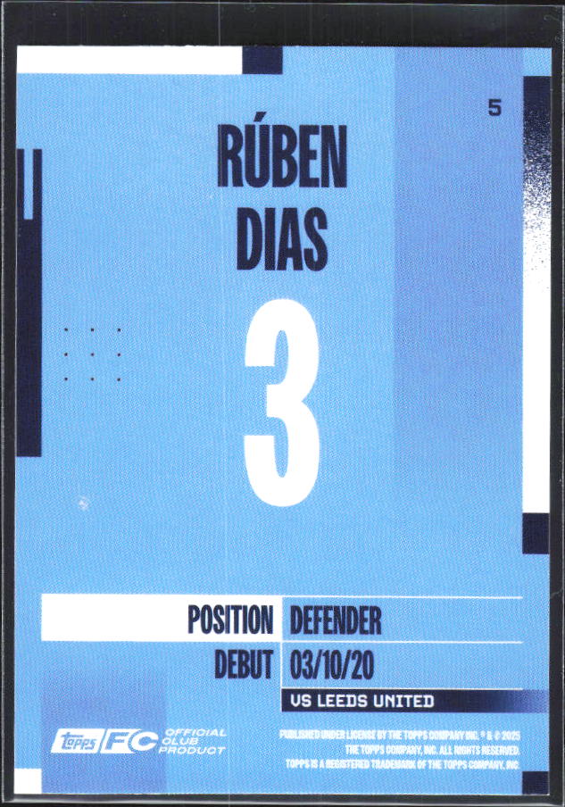 2024-25 Topps Manchester City Team Set #5 Rúben Dias – baksida