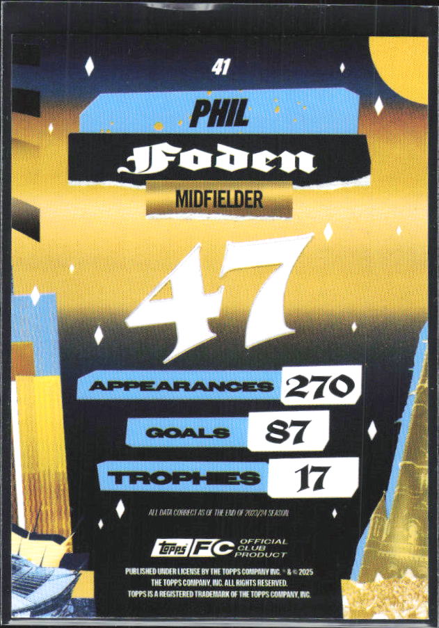 2024-25 Topps Manchester City Team Set #41 Phil Foden City of Champions – baksida