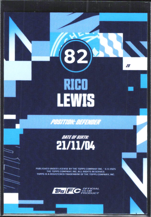 2024-25 Topps Manchester City Team Set #28 Rico Lewis – baksida