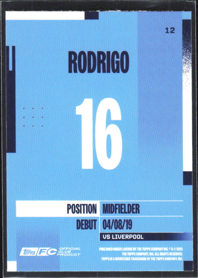 2024-25 Topps Manchester City Team Set #12 Rodrigo – baksida
