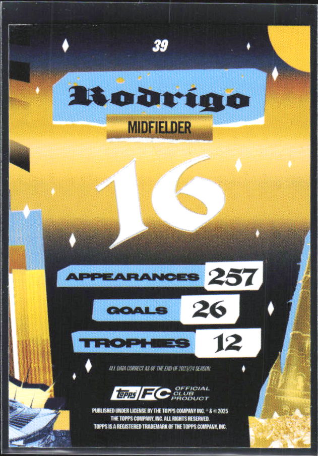 2024-25 Topps Manchester City Team Set #39 Rodrigo City of Champions – baksida