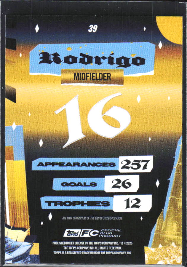 2024-25 Topps Manchester City Team Set #39 Rodrigo City of Champions – baksida