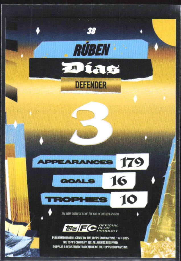 2024-25 Topps Manchester City Team Set #38 Rúben Dias City of Champions – baksida