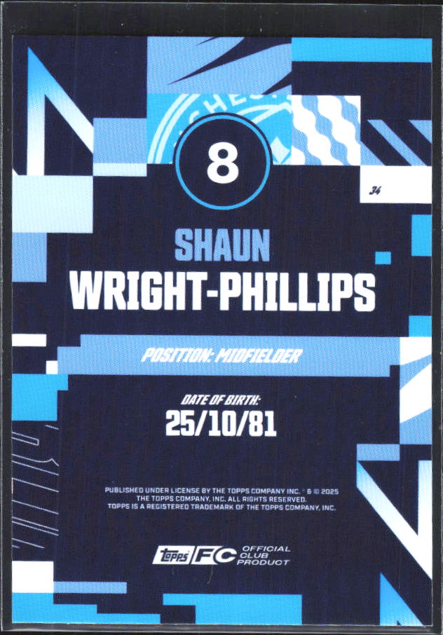 2024-25 Topps Manchester City Team Set #34 Shaun Wright-Phillips – baksida