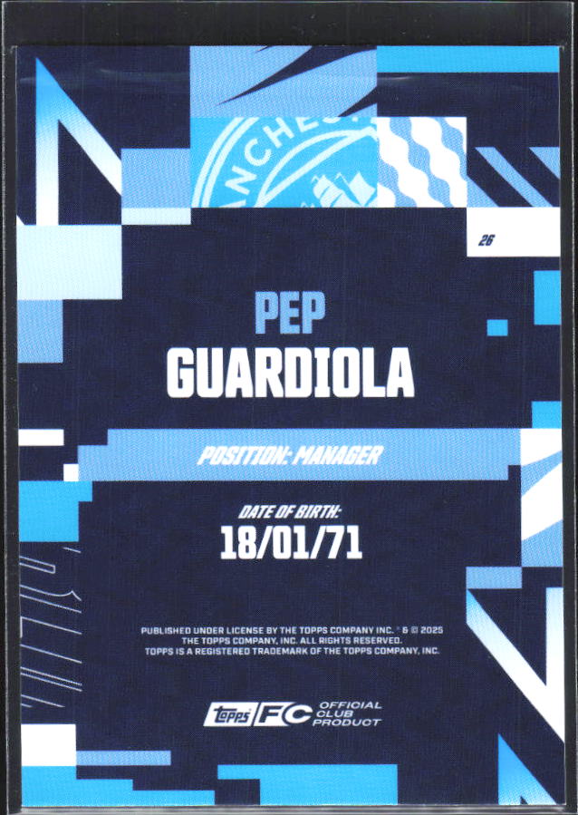 2024-25 Topps Manchester City Team Set #26 Pep Guardiola – baksida