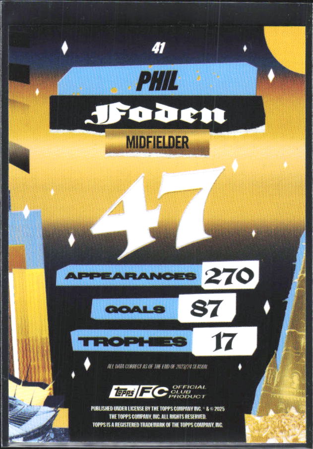 2024-25 Topps Manchester City Team Set #41 Phil Foden City of Champions – baksida