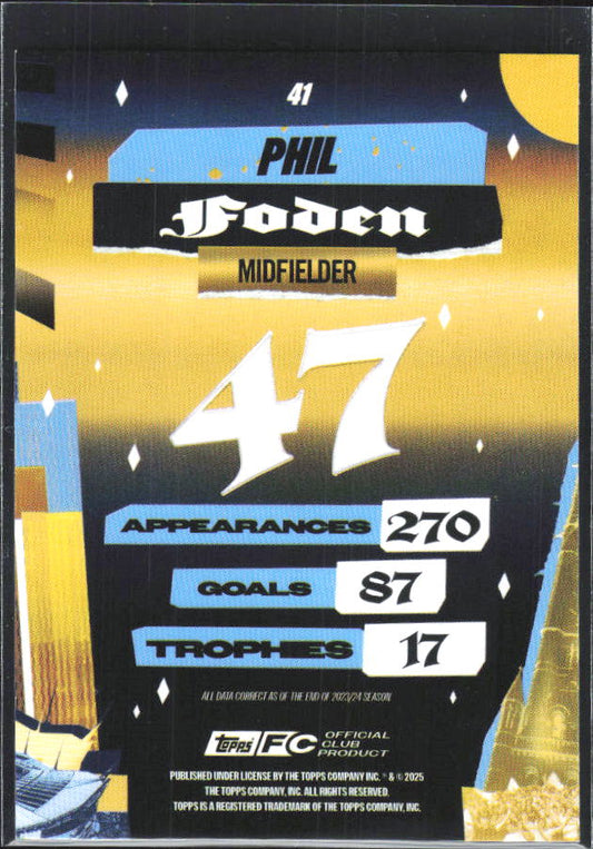 2024-25 Topps Manchester City Team Set #41 Phil Foden City of Champions – baksida