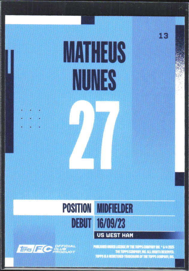 2024-25 Topps Manchester City Team Set #13 Matheus Nunes – baksida
