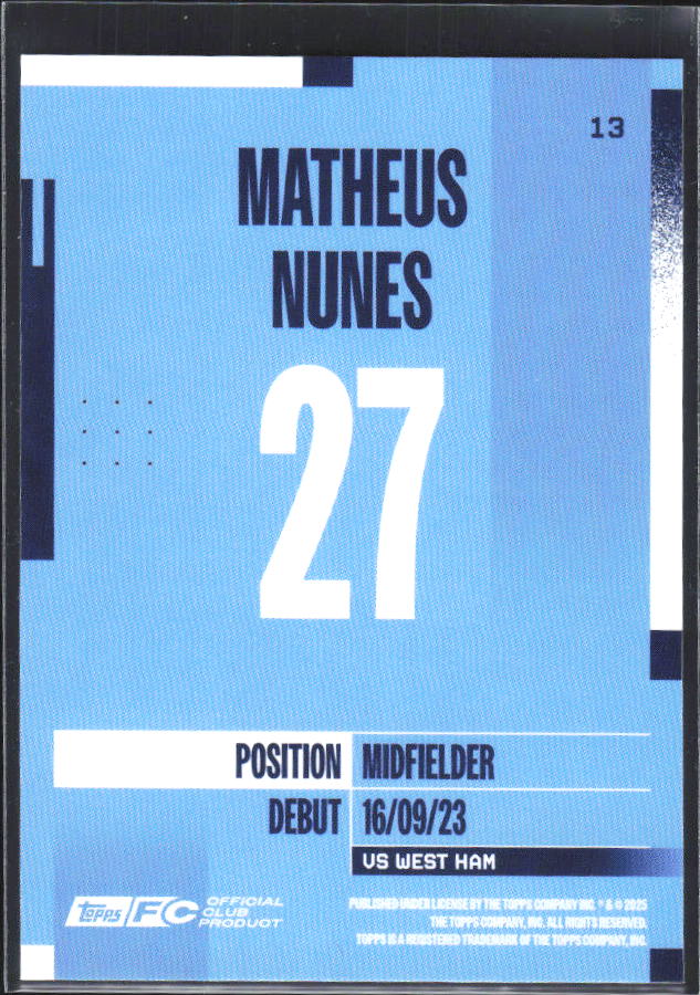 2024-25 Topps Manchester City Team Set #13 Matheus Nunes – baksida