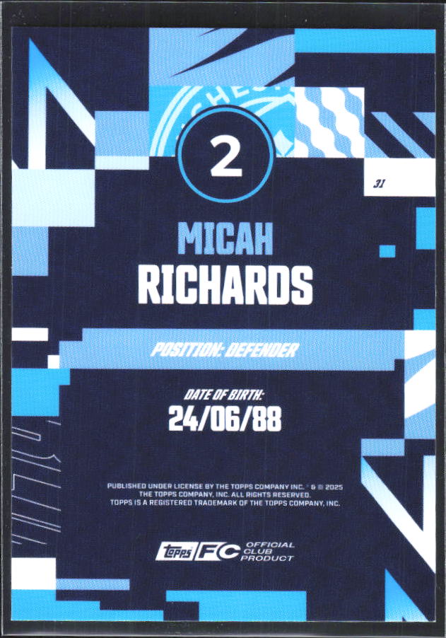 2024-25 Topps Manchester City Team Set #31 Micah Richards – baksida