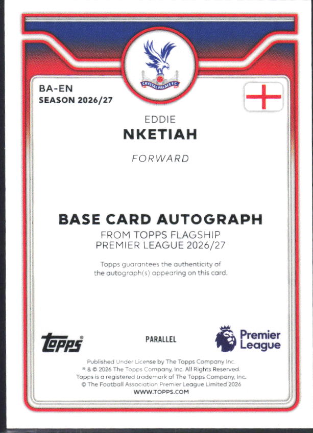 2026-27 Topps Premier League Eddie Nketiah #BA-EN Autograph /10 – baksida