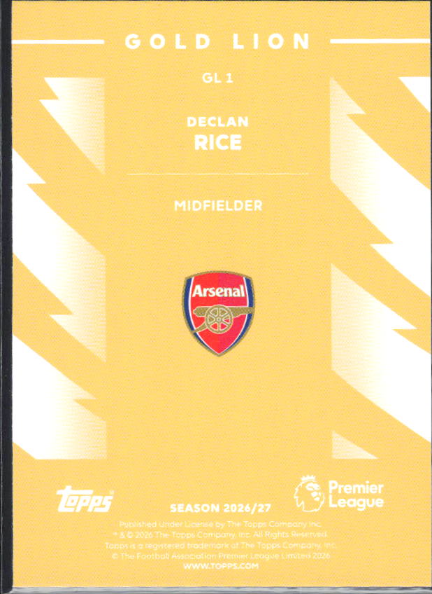2026-27 Topps Premier League Declan Rice #GL1 Gold Lion – baksida